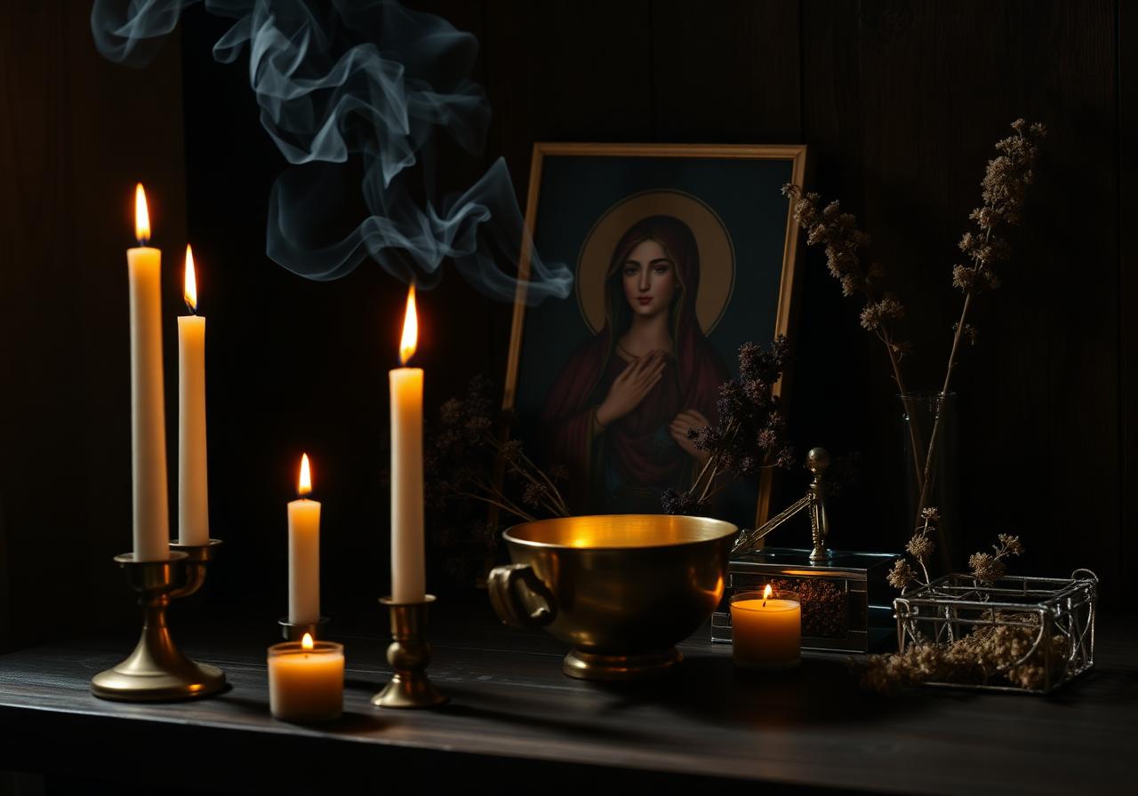 A modern devotional altar lit by beeswax candles